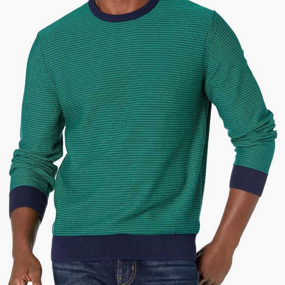 Amazon Essentials Green and Blue Striped Crew Neck Sweater, Large